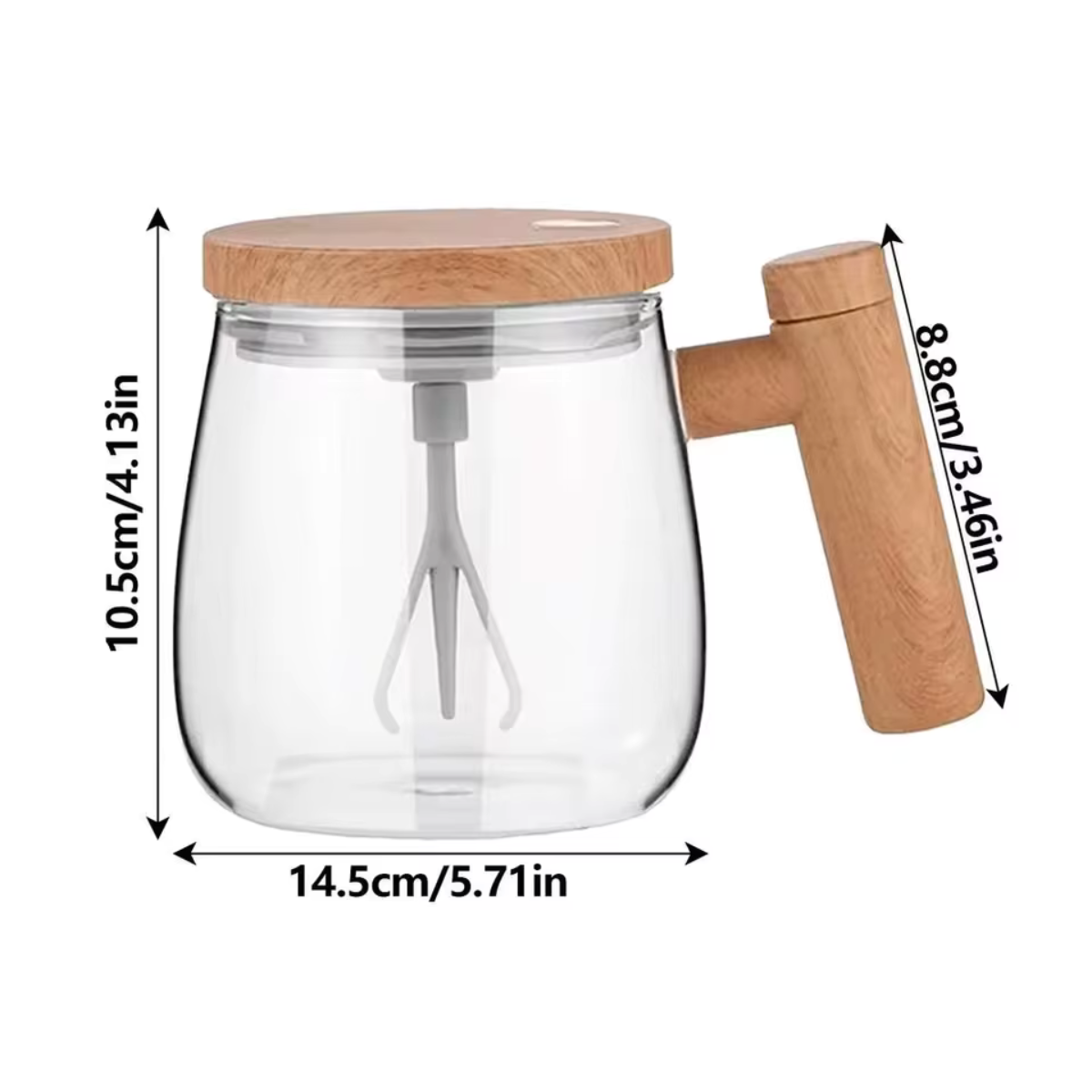 Selbstrührender Becher aus Borosilikatglas mit Holz-Finish – Für Kaffee, Milch & Protein