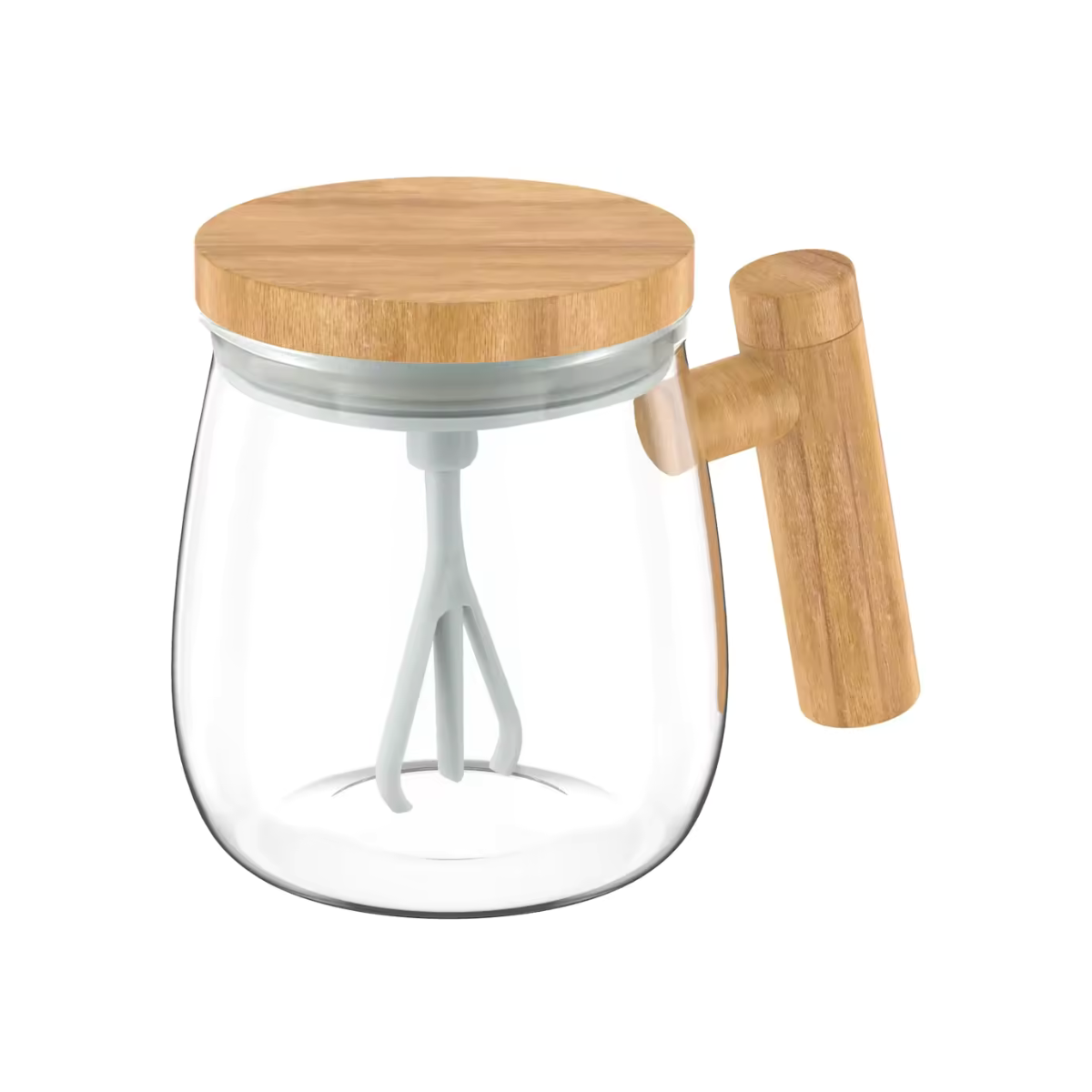 Selbstrührender Becher aus Borosilikatglas mit Holz-Finish – Für Kaffee, Milch & Protein