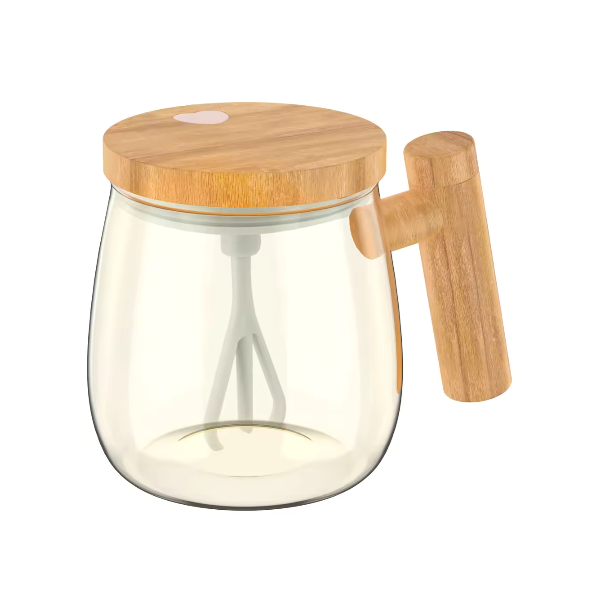 Selbstrührender Becher aus Borosilikatglas mit Holz-Finish – Für Kaffee, Milch & Protein