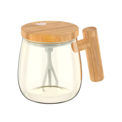 Selbstrührender Becher aus Borosilikatglas mit Holz-Finish – Für Kaffee, Milch & Protein
