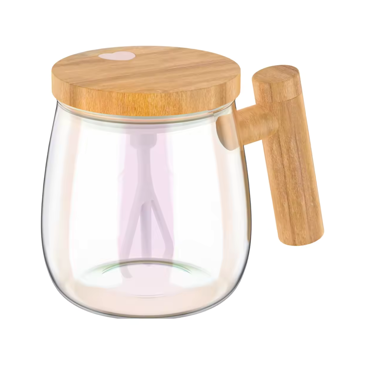 Selbstrührender Becher aus Borosilikatglas mit Holz-Finish – Für Kaffee, Milch & Protein