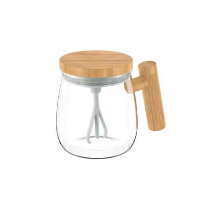 Selbstrührender Becher aus Borosilikatglas mit Holz-Finish – Für Kaffee, Milch & Protein