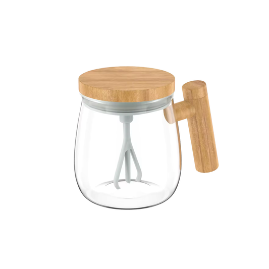 Selbstrührender Becher aus Borosilikatglas mit Holz-Finish – Für Kaffee, Milch & Protein
