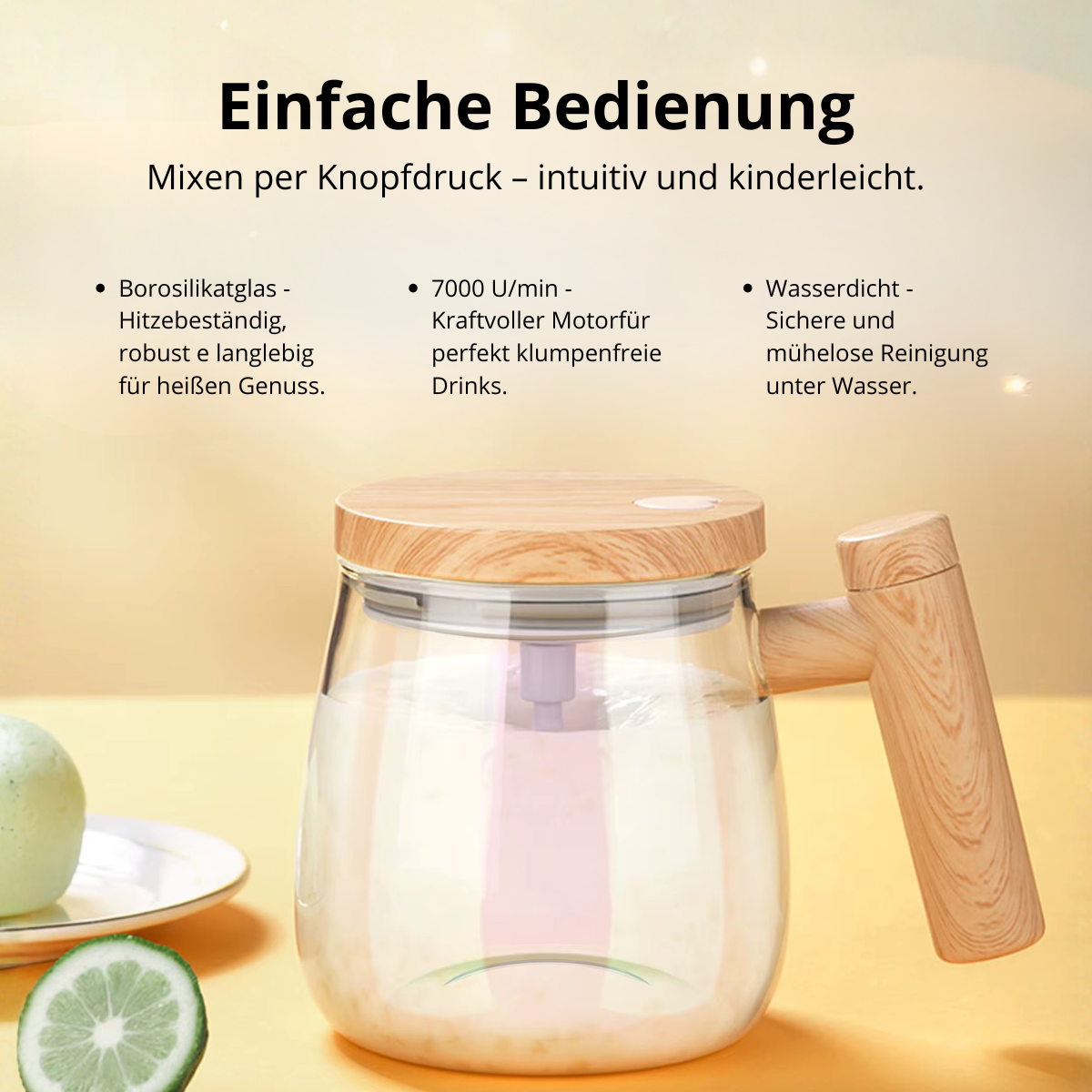 Selbstrührender Becher aus Borosilikatglas mit Holz-Finish – Für Kaffee, Milch & Protein