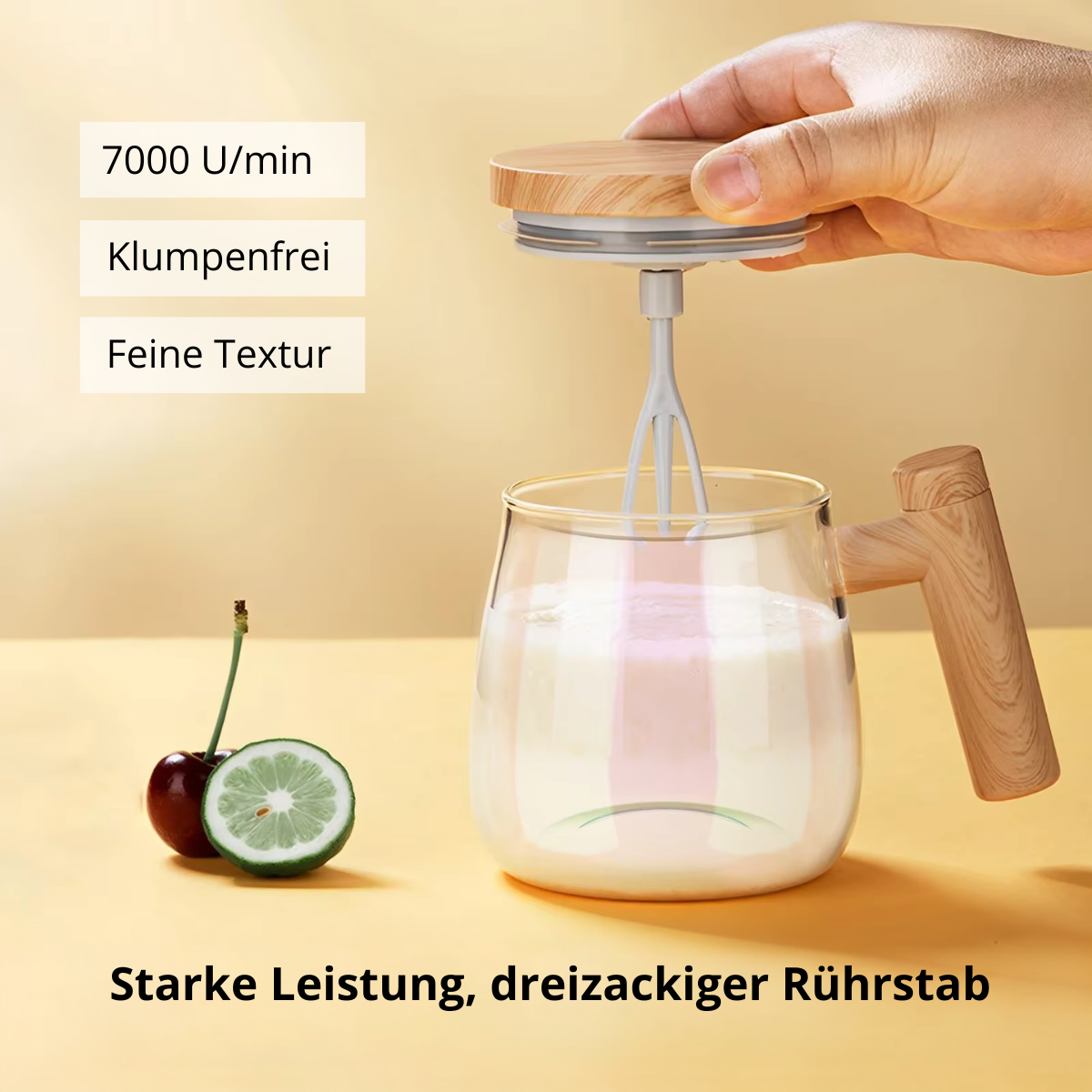 Selbstrührender Becher aus Borosilikatglas mit Holz-Finish – Für Kaffee, Milch & Protein