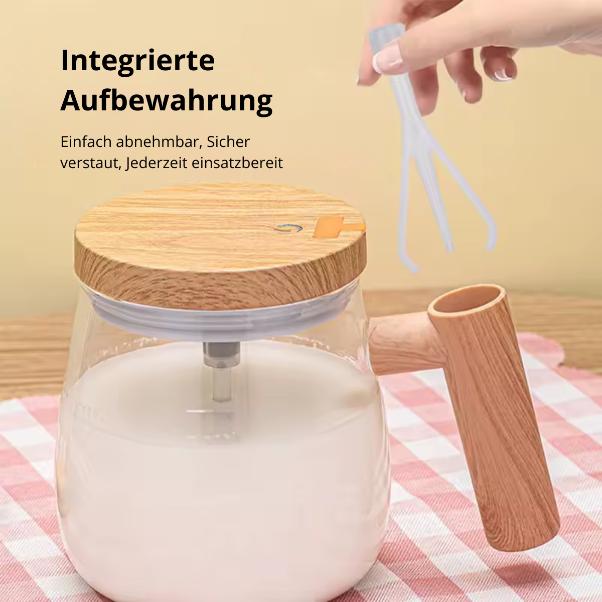 Selbstrührender Becher aus Borosilikatglas mit Holz-Finish – Für Kaffee, Milch & Protein