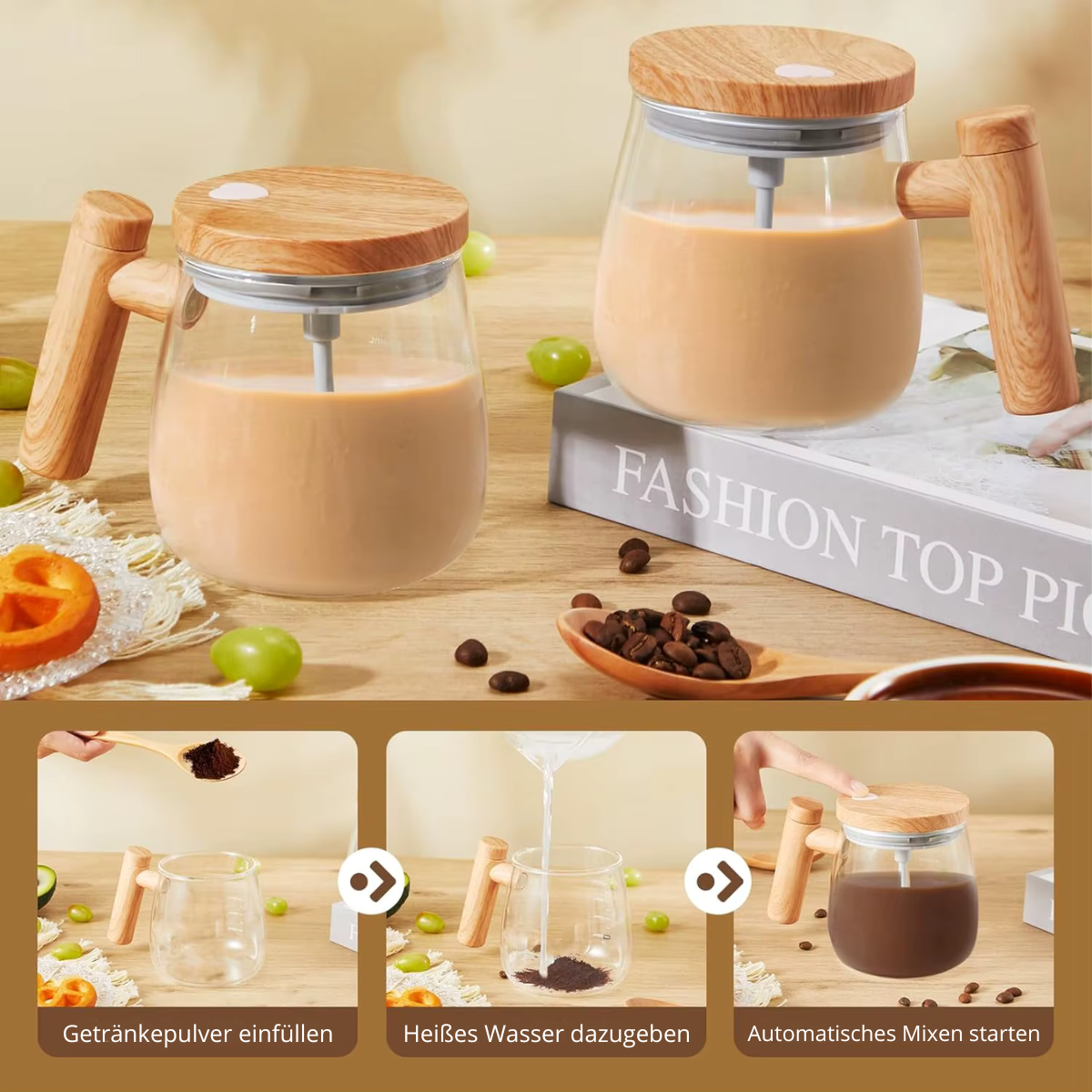 Selbstrührender Becher aus Borosilikatglas mit Holz-Finish – Für Kaffee, Milch & Protein