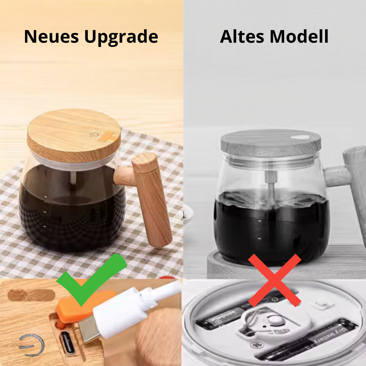 Selbstrührender Becher aus Borosilikatglas mit Holz-Finish – Für Kaffee, Milch & Protein