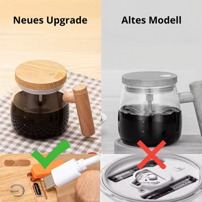 Selbstrührender Becher aus Borosilikatglas mit Holz-Finish – Für Kaffee, Milch & Protein