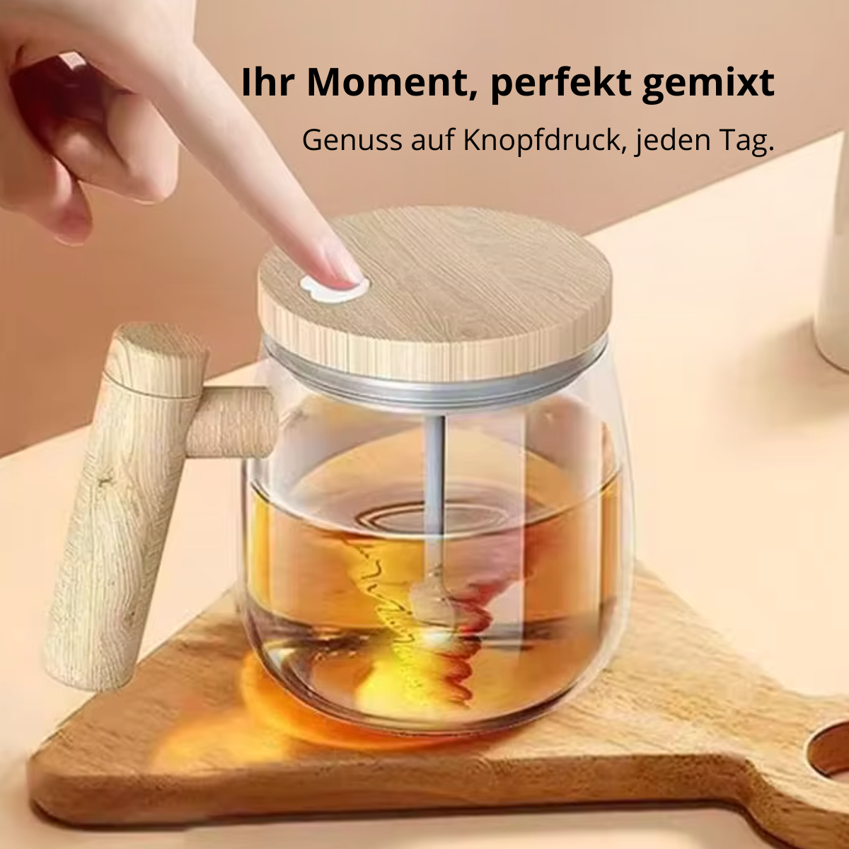 Selbstrührender Becher aus Borosilikatglas mit Holz-Finish – Für Kaffee, Milch & Protein
